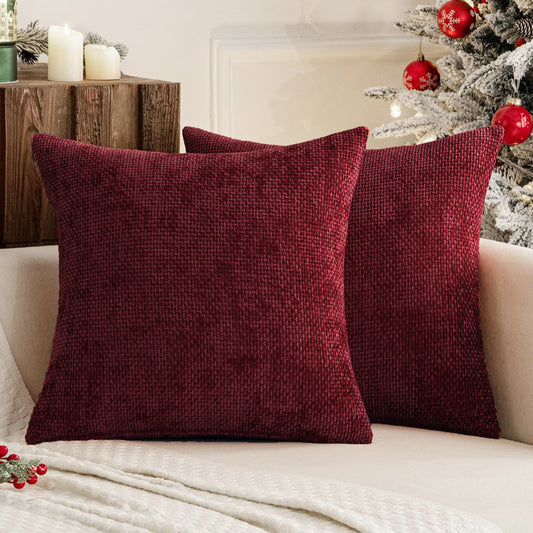 Dark Red Plush Chenille Cushion Covers Set of 2 - Soft Textured Decorative Throw Pillow Cases for Sofa Couch, 45x45cm - STripleB 