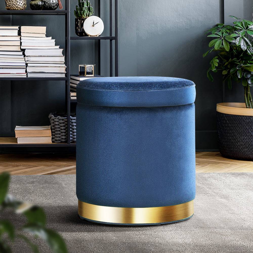 Artiss Ottoman Storage Foot Stool Round Velvet Navy - STripleB 