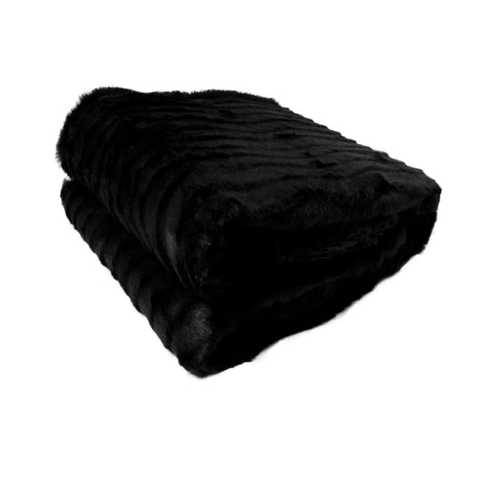 Faux Fur Striped Throw Rug Black - STripleB 