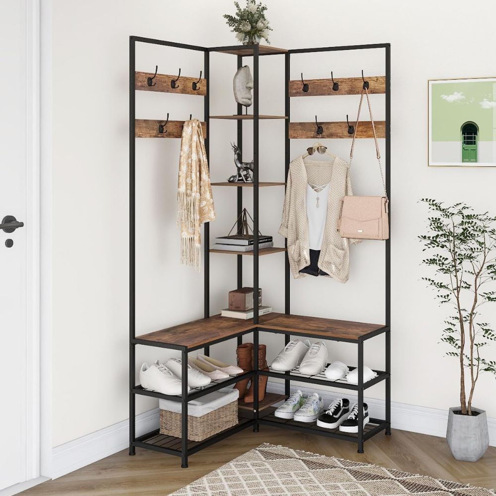 Free-Standing Corner Hall Tree with Storage Metal Coat and Hat Rack with Shoe Organizer - STripleB