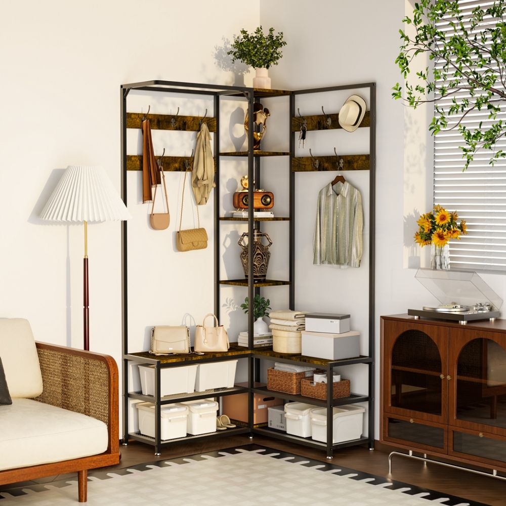 Free-Standing Corner Hall Tree with Storage Metal Coat and Hat Rack with Shoe Organizer - STripleB