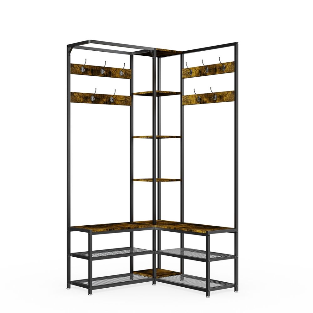 Free-Standing Corner Hall Tree with Storage Metal Coat and Hat Rack with Shoe Organizer - STripleB