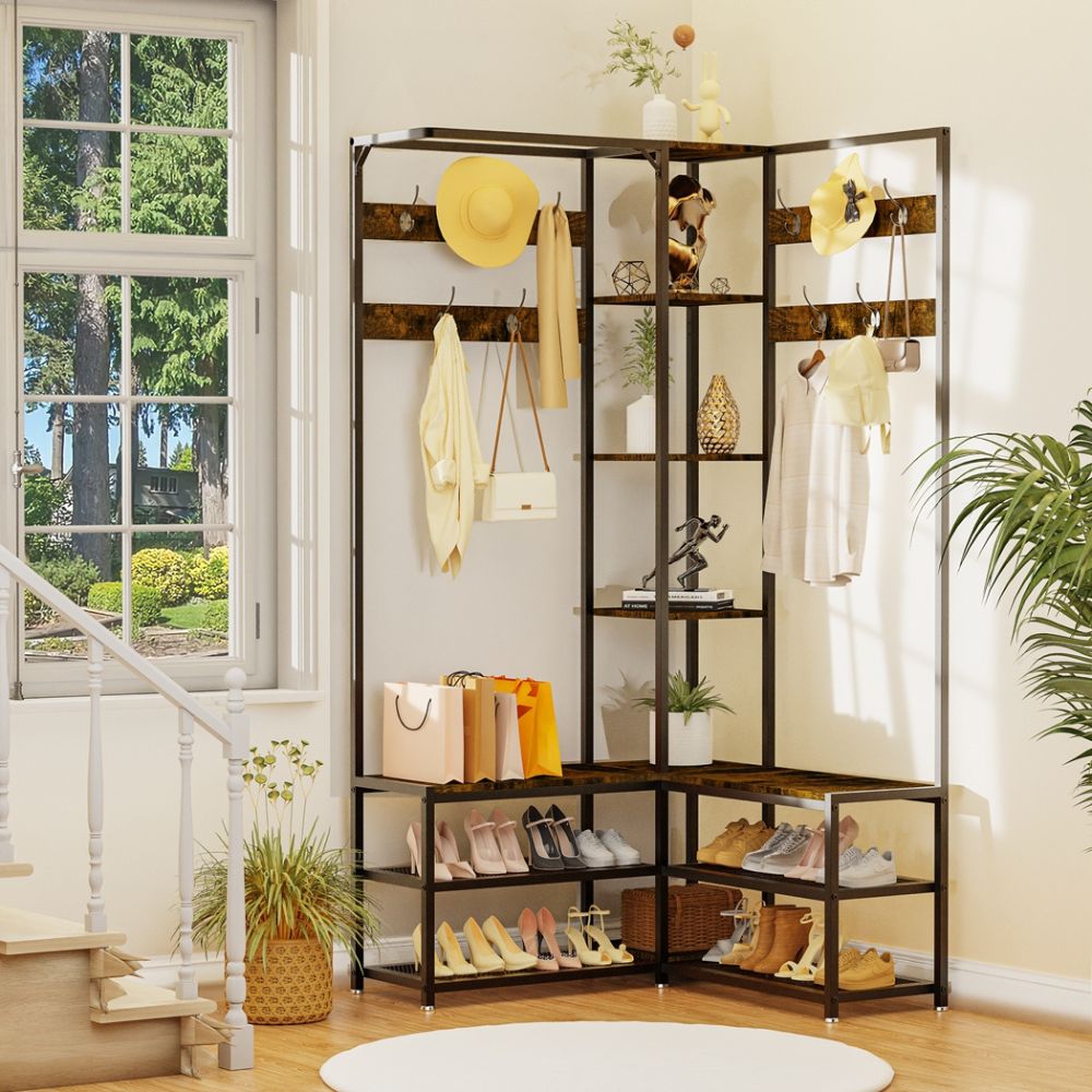 Free-Standing Corner Hall Tree with Storage Metal Coat and Hat Rack with Shoe Organizer - STripleB