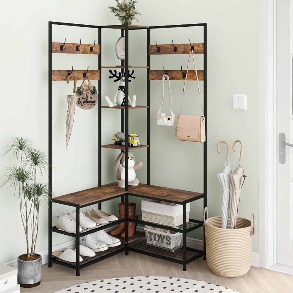 Free-Standing Corner Hall Tree with Storage Metal Coat and Hat Rack with Shoe Organizer - STripleB