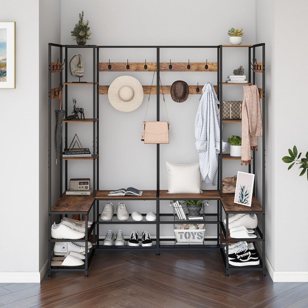 Free-Standing Corner Hall Tree with Storage Metal Coat and Hat Rack with Shoe Organizer - STripleB
