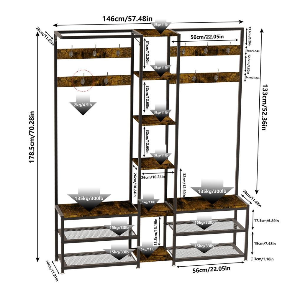 Free-Standing Corner Hall Tree with Storage Metal Coat and Hat Rack with Shoe Organizer - STripleB