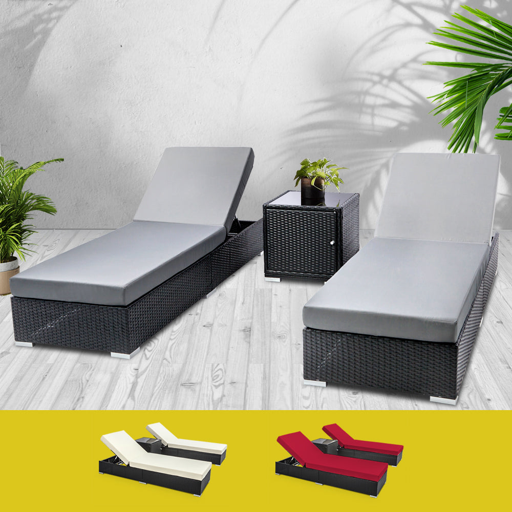 Gardeon 3PC Sun Lounge Wicker Lounger Outdoor Furniture Day Bed Rattan Garden - STripleB
