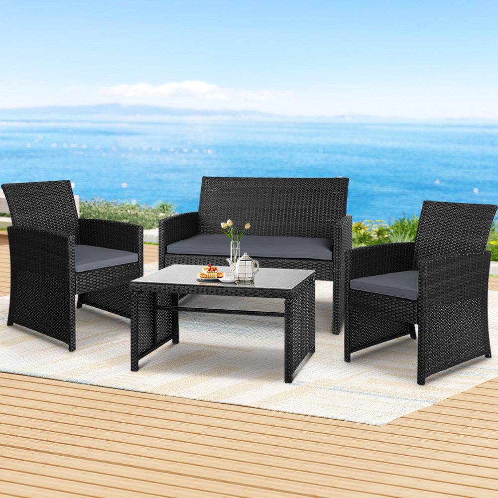Gardeon 4 PCS Outdoor Sofa Set Rattan Chair Table Setting Garden Furniture Black - STripleB