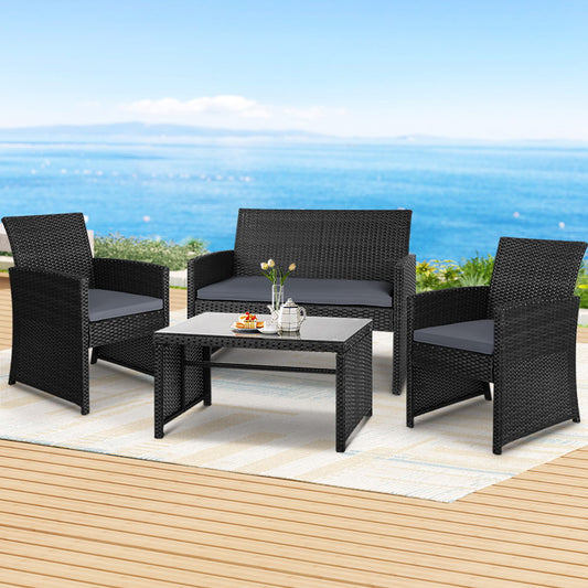 Gardeon 4 PCS Outdoor Sofa Set Rattan Chair Table Setting Garden Furniture Black - STripleB