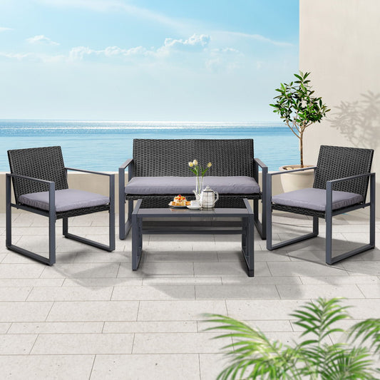 Gardeon 4 PCS Outdoor Sofa Set Rattan Furniture Glass Top Table Chairs Black - STripleB