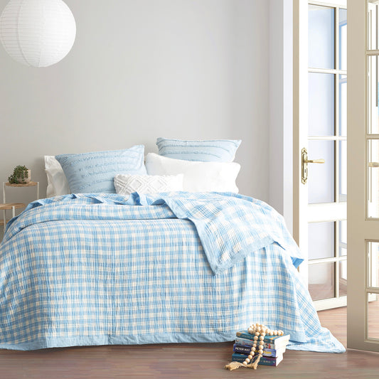 Gingham Washed Cotton Yarn Dyed Reversible Textured French Blue Blanket - STripleB