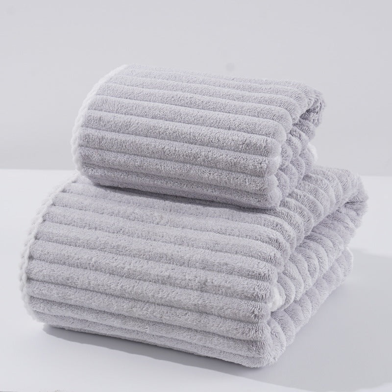 Grey - Soft Candy Stripe Coral Fleece Bath Towel and Washcloth Set - STripleB
