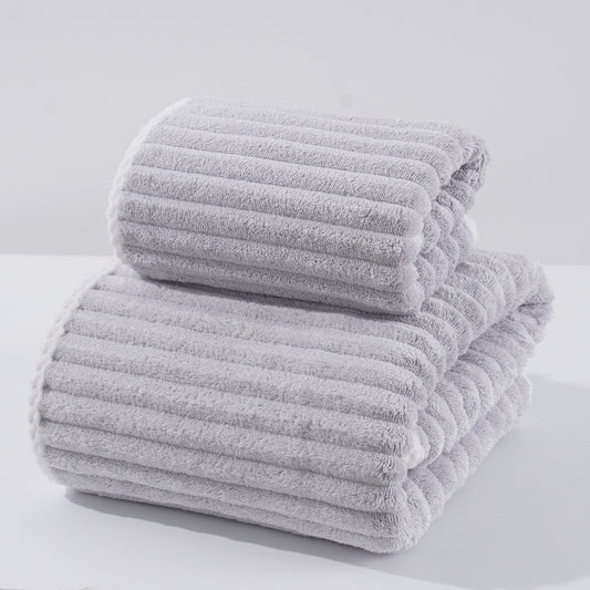 Grey - Soft Candy Stripe Coral Fleece Bath Towel and Washcloth Set - STripleB