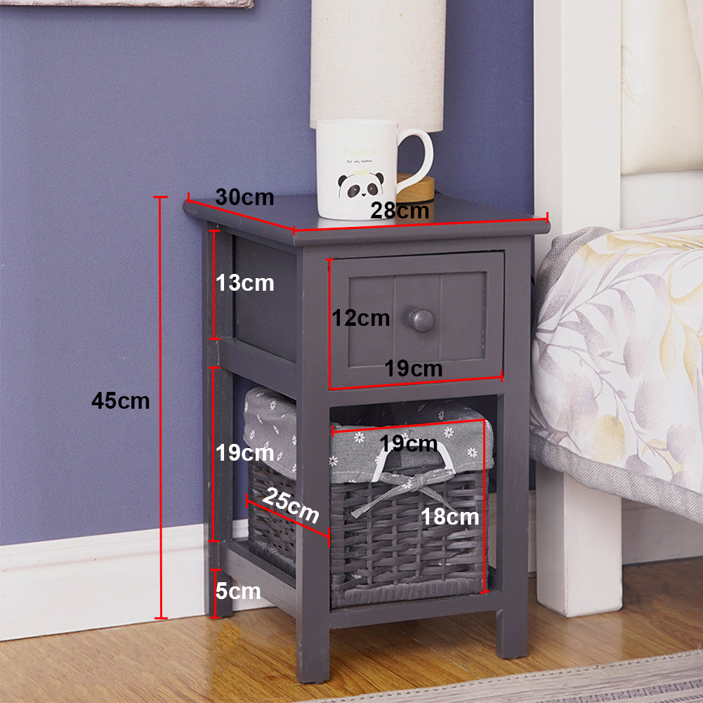 Grey Bedside Table with Wicker Basket - dimensions - STripleB