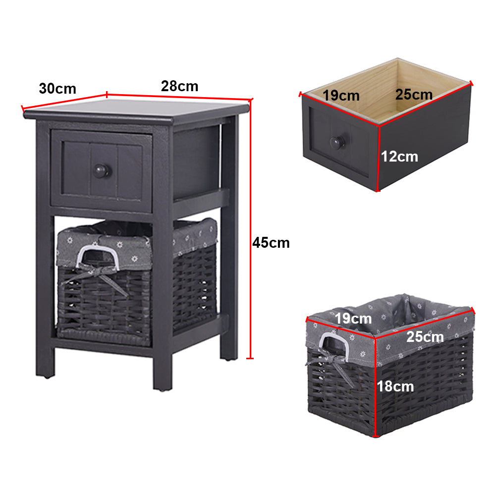 Grey Bedside Table with Wicker Basket - full dimensions - STripleB
