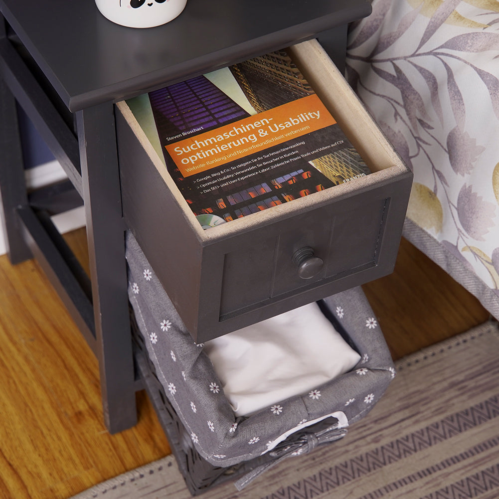 Grey Bedside Table with Wicker Basket - open drawer - STripleB