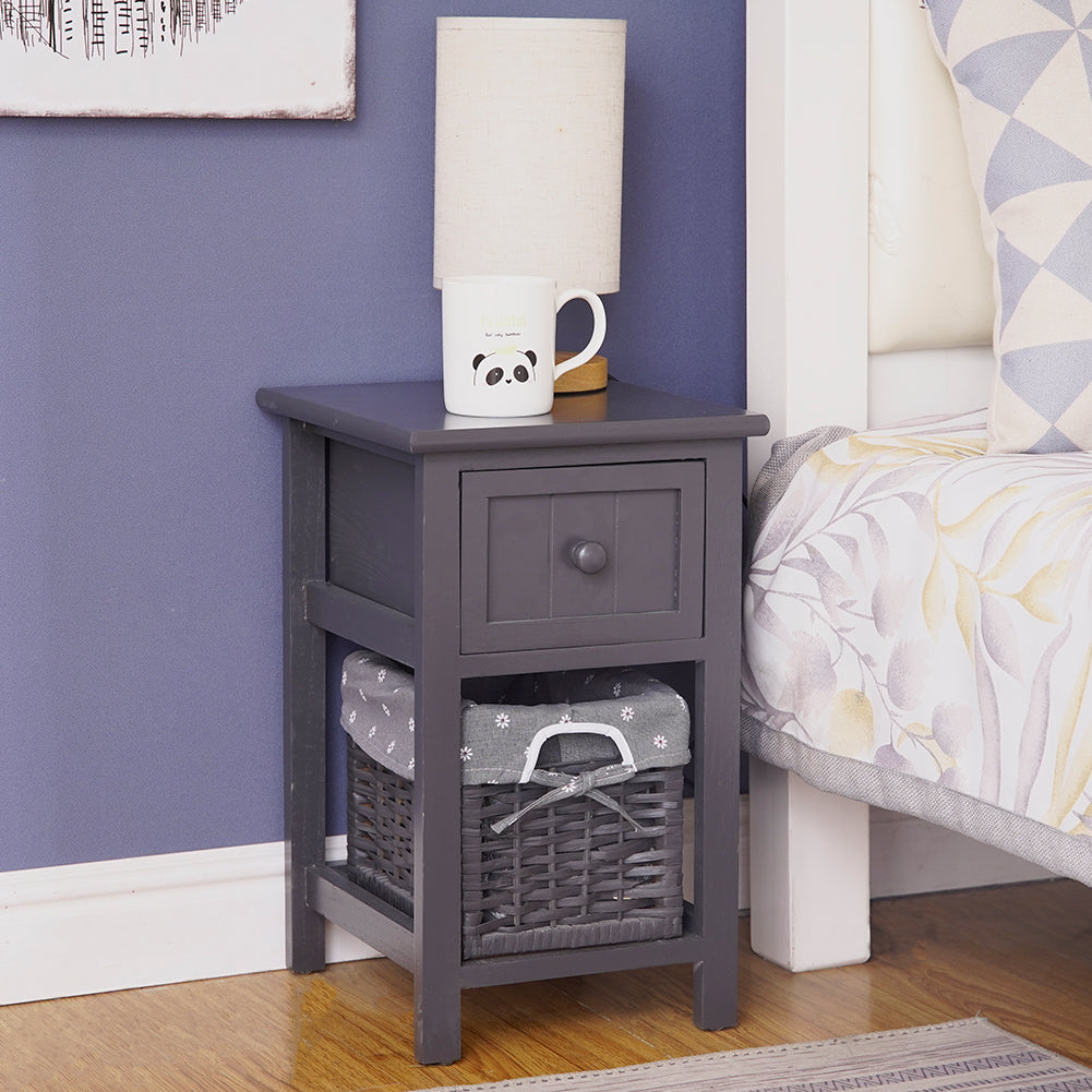 Grey Bedside Table with Wicker Basket - StripleB