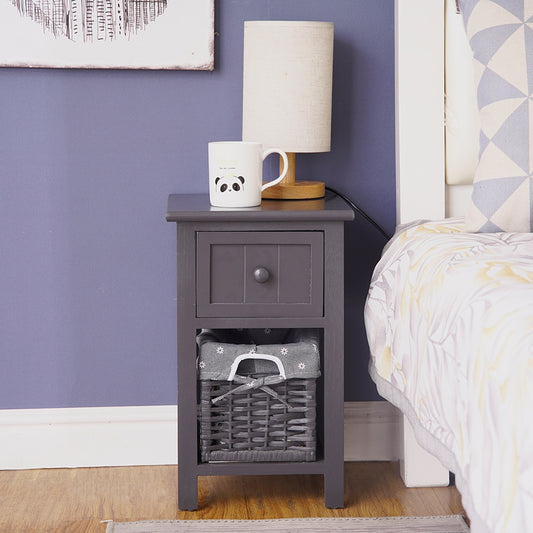 Grey Bedside Table with Wicker Basket - StripleB