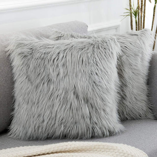 Grey Luxurious Long Faux Fur Cushion Covers - Set of 2, 45x45cm Soft Plush Decorative Pillowcases for Sofa & Bed - STripleB