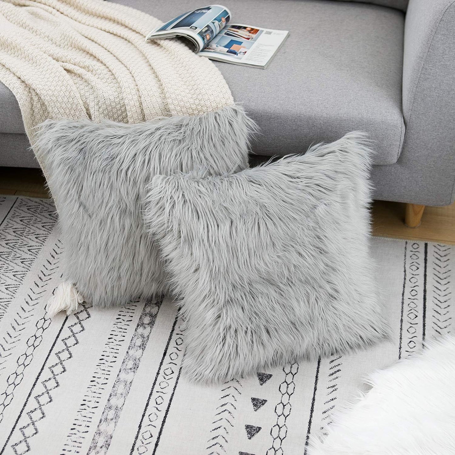 Grey Luxurious Long Faux Fur Cushion Covers - Set of 2, 45x45cm Soft Plush Decorative Pillowcases for Sofa & Bed - STripleB