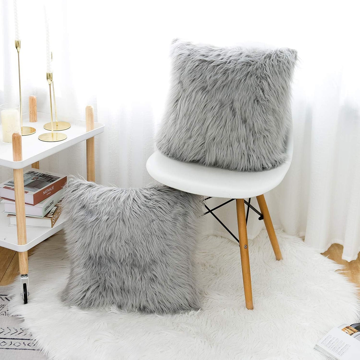 Grey Luxurious Long Faux Fur Cushion Covers - Set of 2, 45x45cm Soft Plush Decorative Pillowcases for Sofa & Bed - STripleB