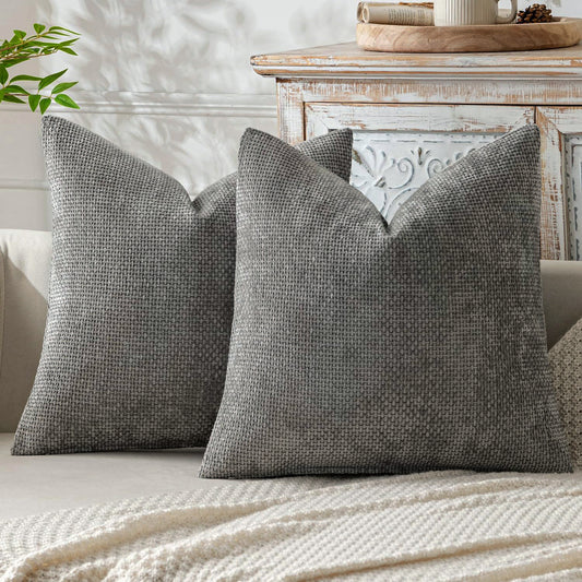 Grey Plush Chenille Cushion Covers Set of 2 - Soft Textured Decorative Throw Pillow Cases for Sofa Couch, 45x45cm - STripleB 