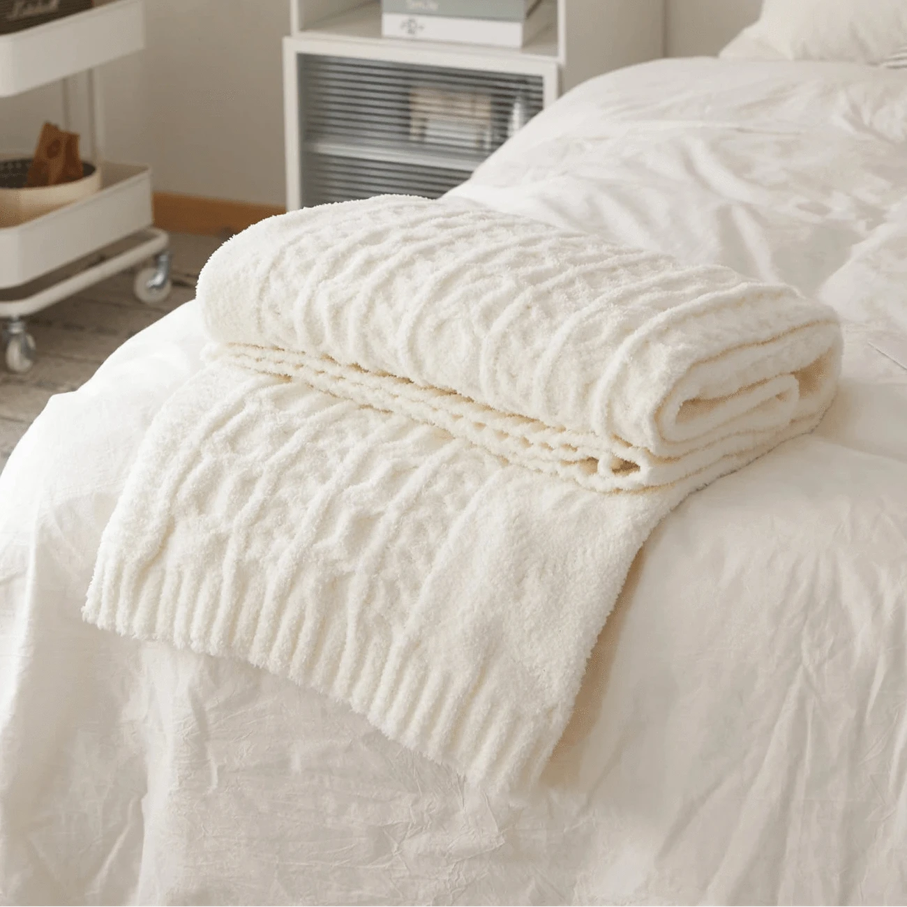 White Microfiber Cozy Crochet Blanket Throw - STripleB 