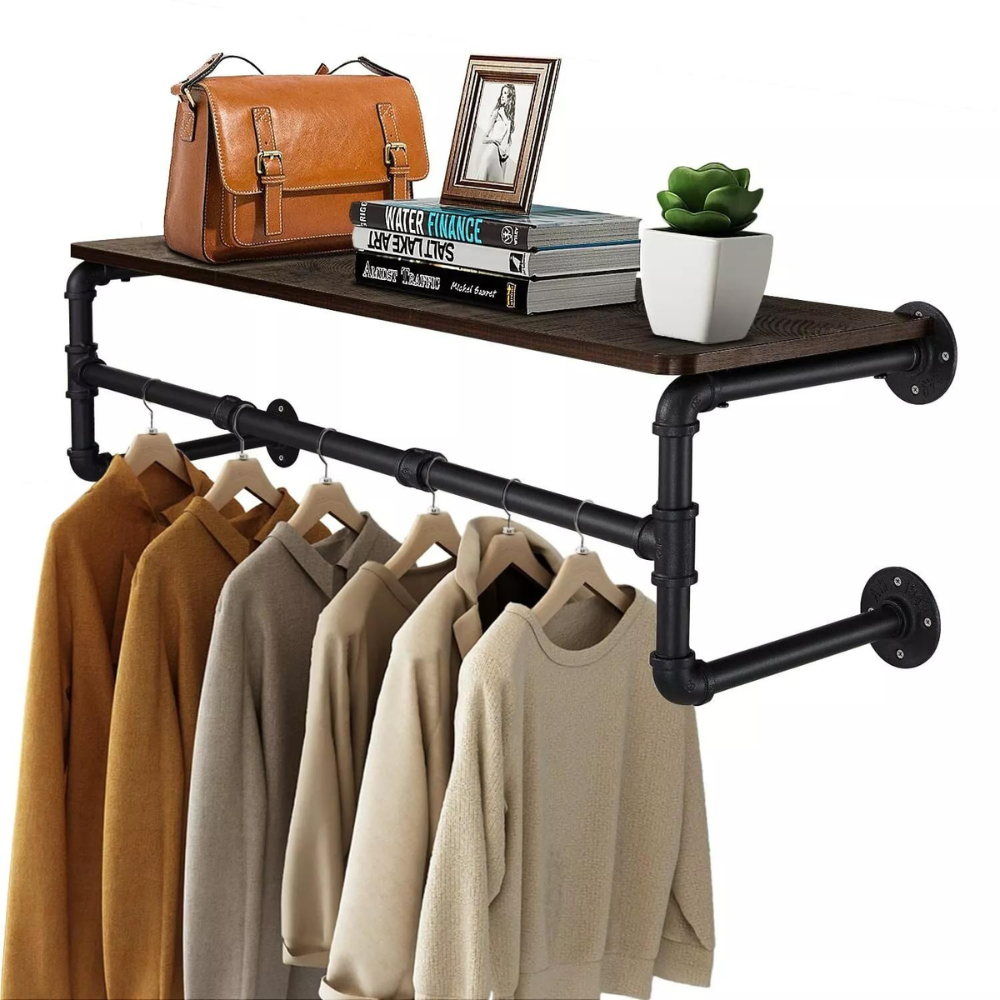 Industrial Pipe Clothes Rack with Top Shelf Coat Hanger - STripleB