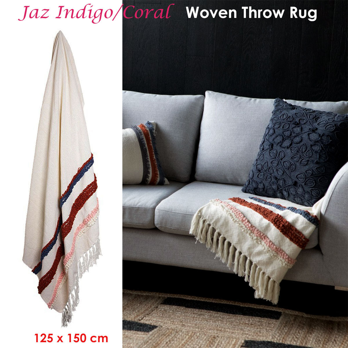 J.Elliot Home Jaz Indigo Coral Woven Throw Rug - STripleB 