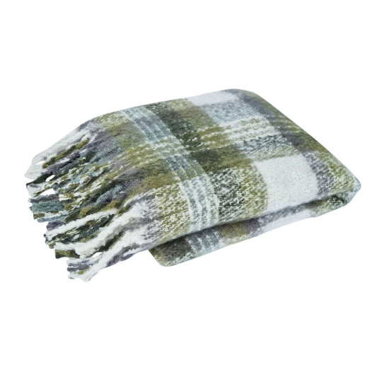 J Elliot Home Aiden Olive Multi Faux Mohair Throw Rug with Fringe 130 x 160cm - STripleB 