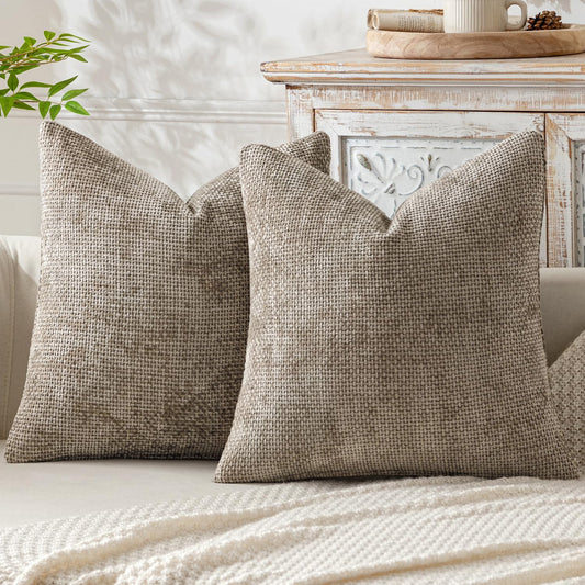 Khaki Plush Chenille Cushion Covers Set of 2 - Soft Textured Decorative Throw Pillow Cases for Sofa Couch, 45x45cm - STripleB 