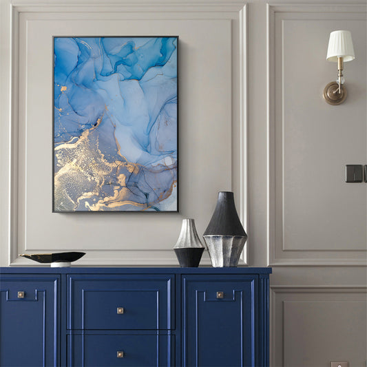 Light Blue Marble with Gold Splash Black Frame Canvas - 80 x120cm - STripleB