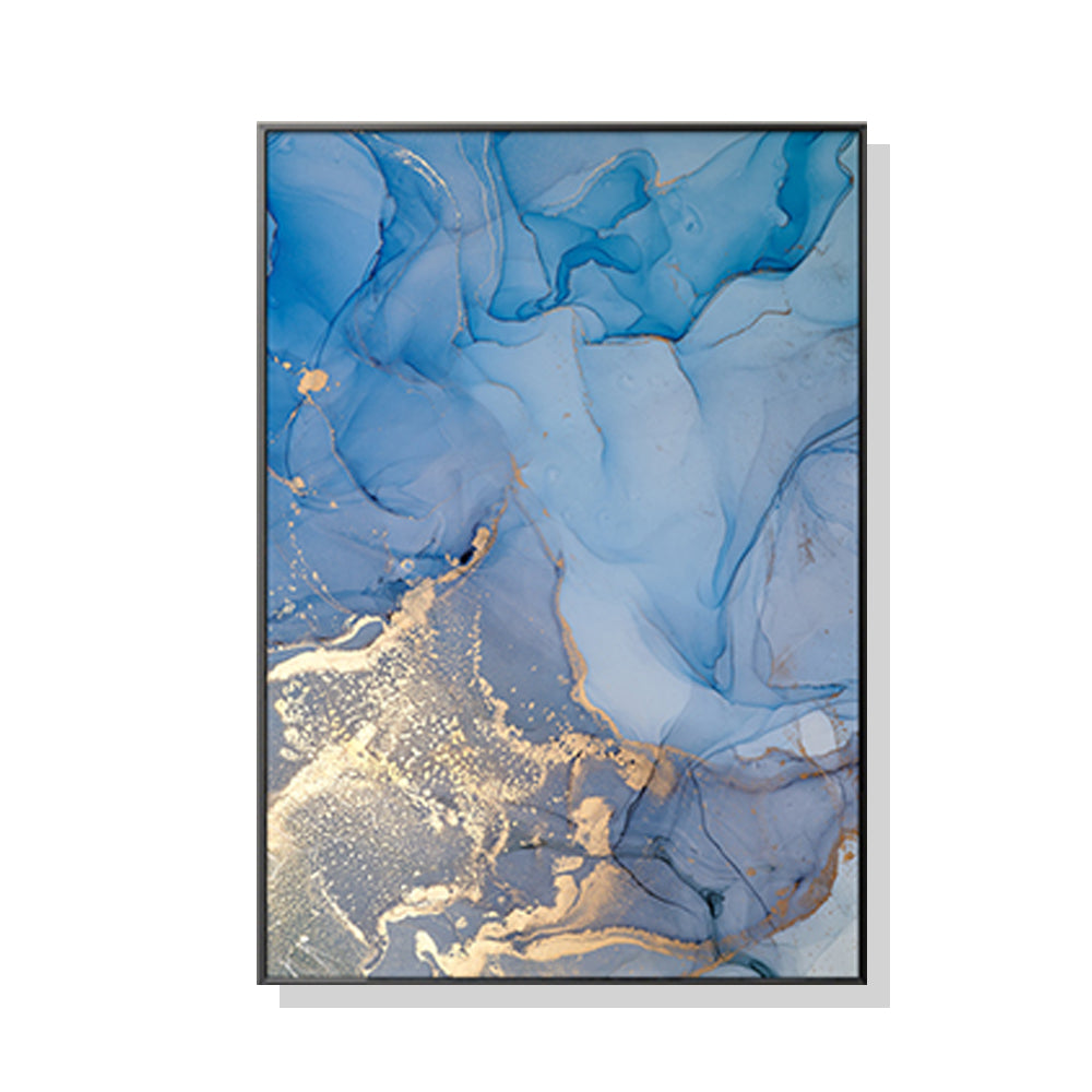 Light Blue Marble with Gold Splash Black Frame Canvas - 80 x120cm - STripleB
