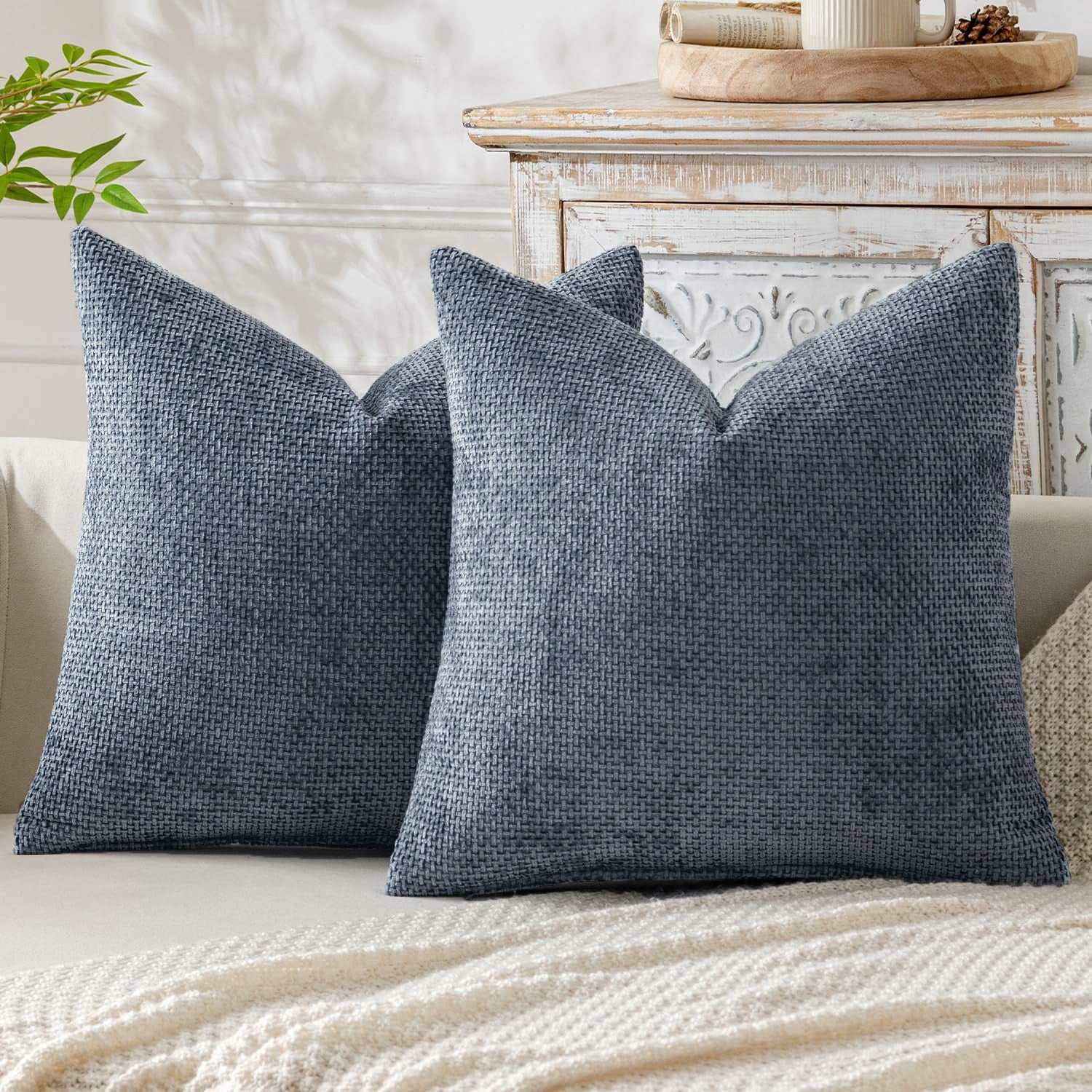 Light Blue Plush Chenille Cushion Covers Set of 2 - Soft Textured Decorative Throw Pillow Cases for Sofa Couch, 45x45cm - STripleB 