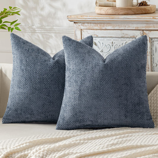 Light Blue Plush Chenille Cushion Covers Set of 2 - Soft Textured Decorative Throw Pillow Cases for Sofa Couch, 45x45cm - STripleB 