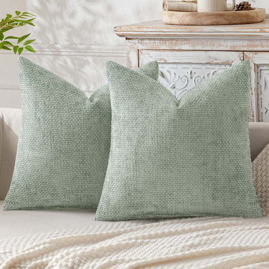 Light Green Plush Chenille Cushion Covers Set of 2 - Soft Textured Decorative Throw Pillow Cases for Sofa Couch, 45x45cm - STripleB 