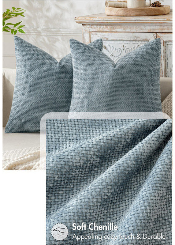 Light Green Plush Chenille Cushion Covers Set of 2 - Soft Textured Decorative Throw Pillow Cases for Sofa Couch, 45x45cm - STripleB 
