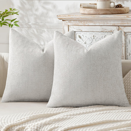 Light Grey Plush Chenille Cushion Covers Set of 2 - Soft Textured Decorative Throw Pillow Cases for Sofa Couch, 45x45cm - STripleB 