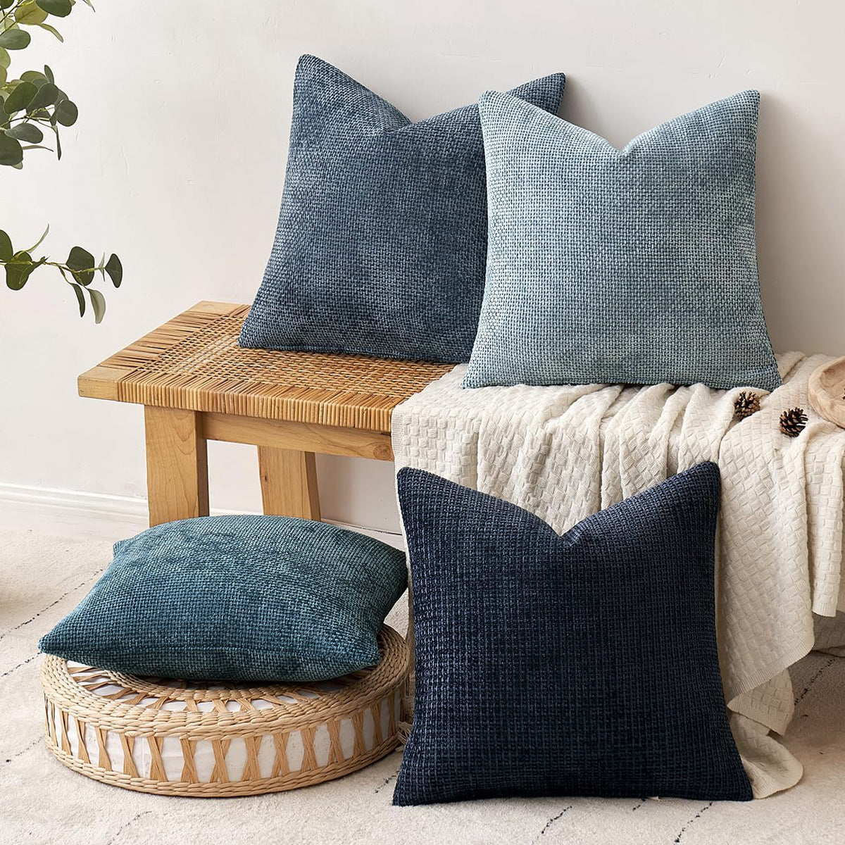 Light Grey Plush Chenille Cushion Covers Set of 2 - Soft Textured Decorative Throw Pillow Cases for Sofa Couch, 45x45cm - STripleB 
