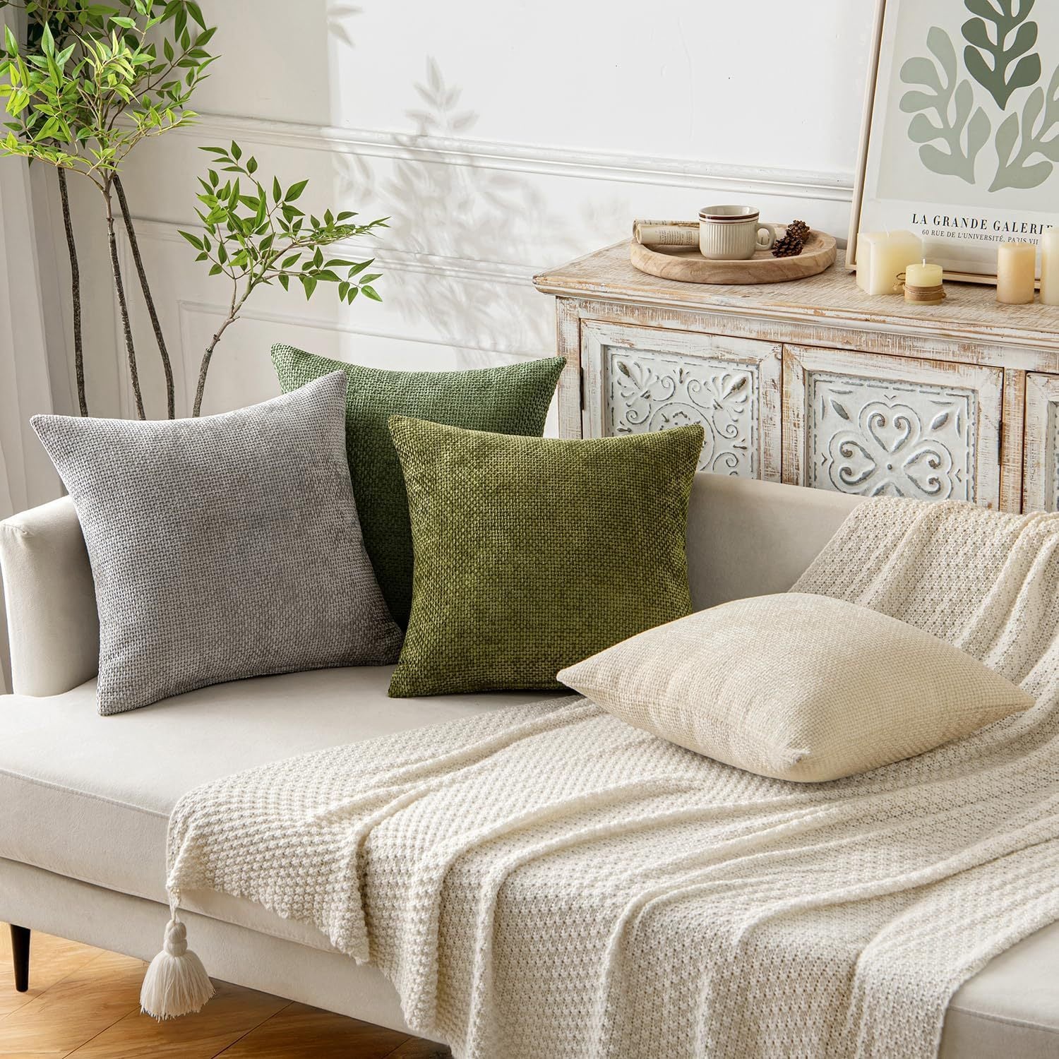 Light Grey Plush Chenille Cushion Covers Set of 2 - Soft Textured Decorative Throw Pillow Cases for Sofa Couch, 45x45cm - STripleB 