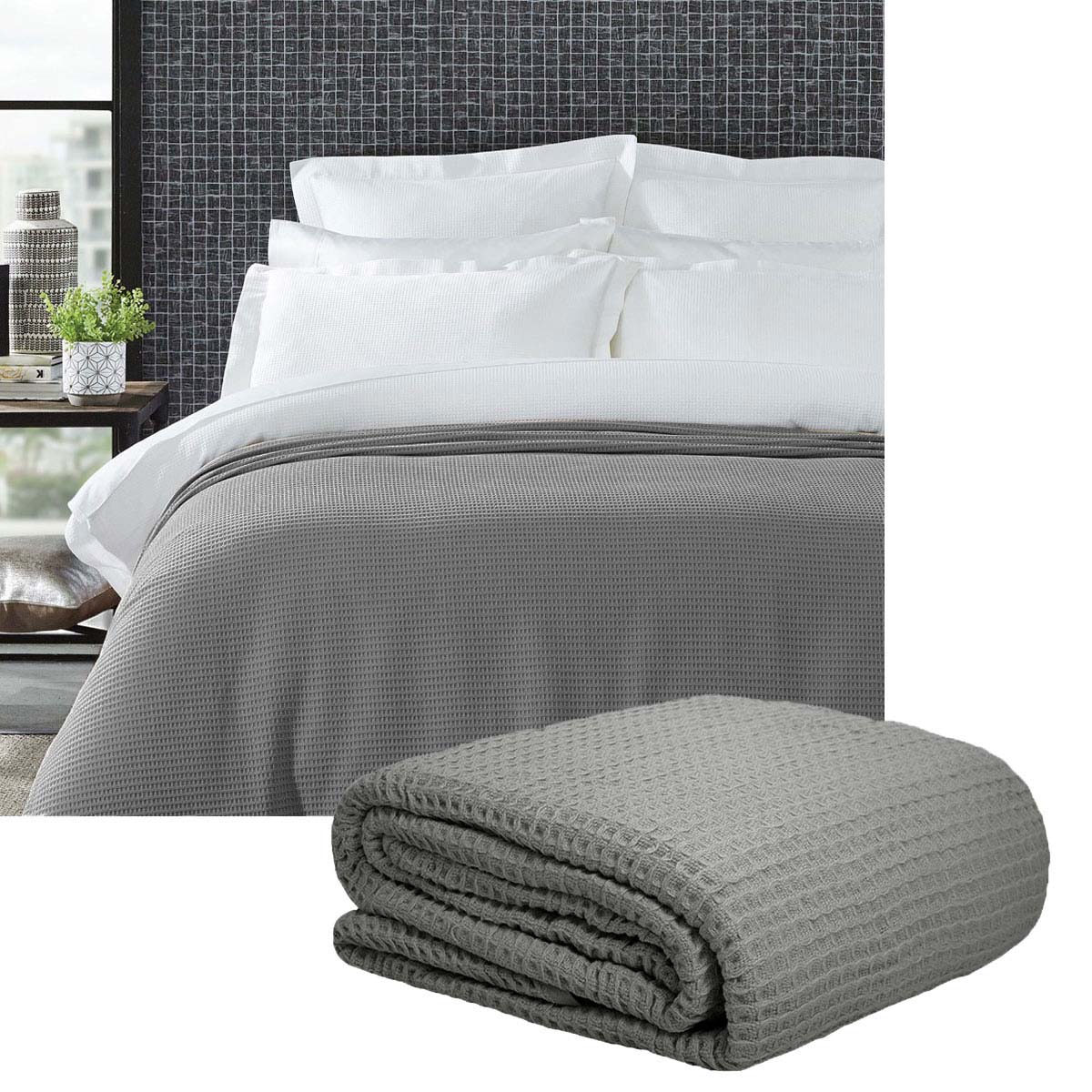 Living @ Home 350gsm 100% Cotton Breathable Waffle Blanket Queen 240 x 255 cm Charcoal - STripleB 