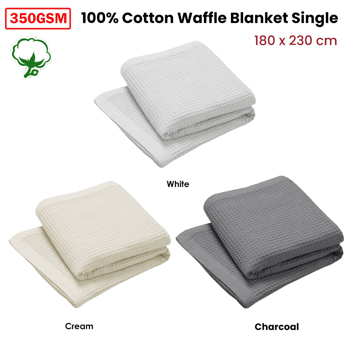 Living @ Home 350gsm 100% Cotton Breathable Waffle Blanket Single 180 x 230 cm Charcoal - STripleB 
