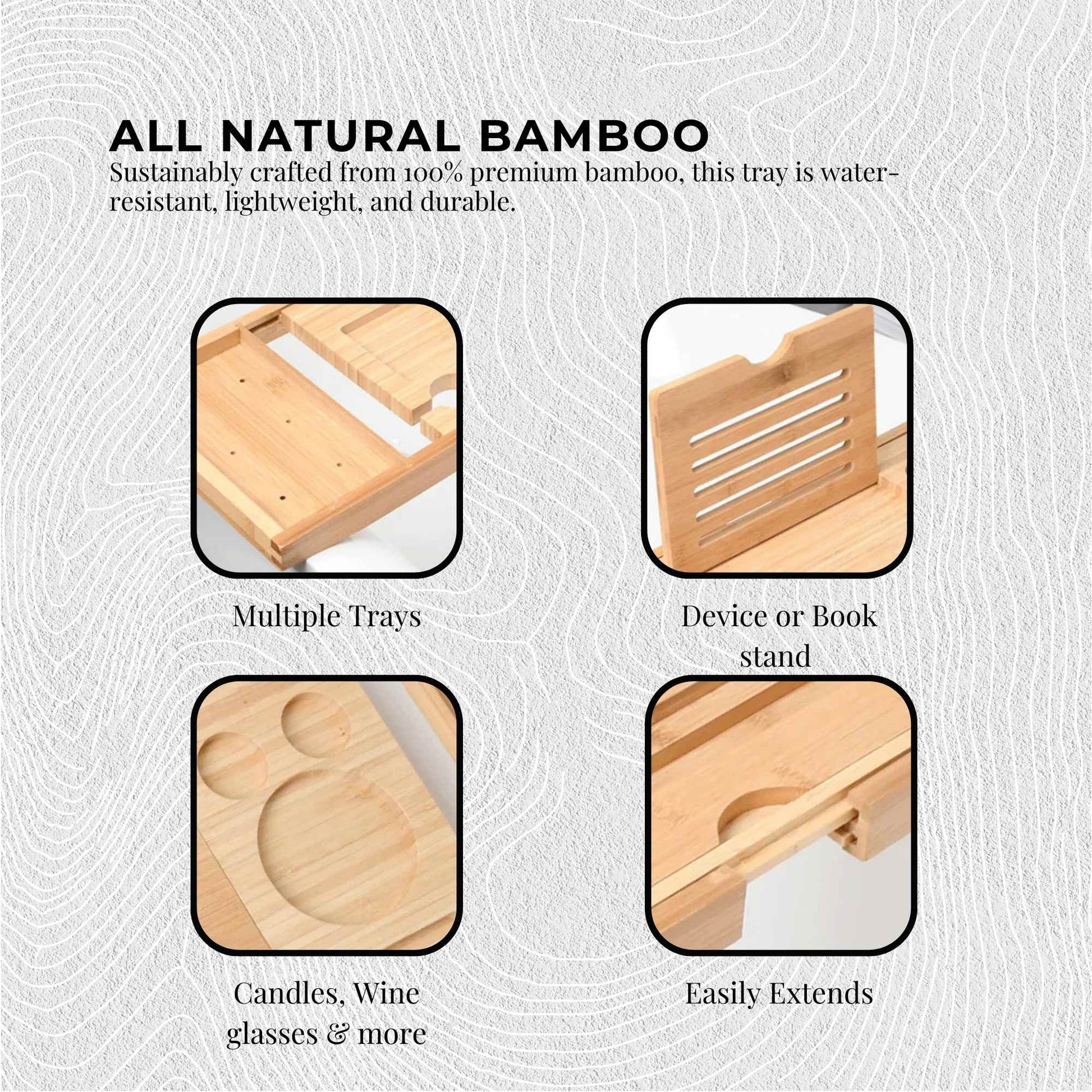 Luxury Adjustable Bamboo Bath Tray Caddy - Spa Book Wine &amp; Accessories Holder - STripleB