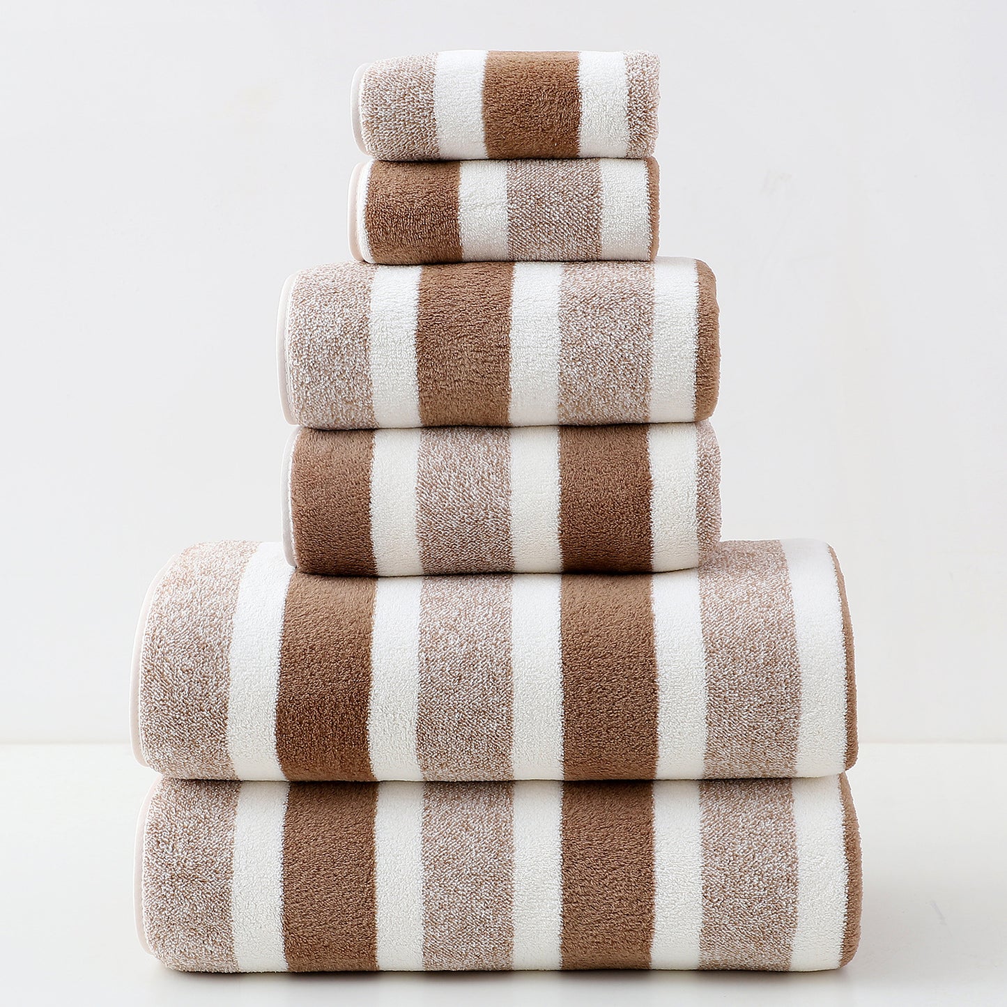 Luxury Cotton - Brown Wide Stripe Towel Set - 6 Piece Set (2 Hand Towels, 2 Bath Towels, 2 Washcloths), Ultra Soft and Absorbent - STripleB