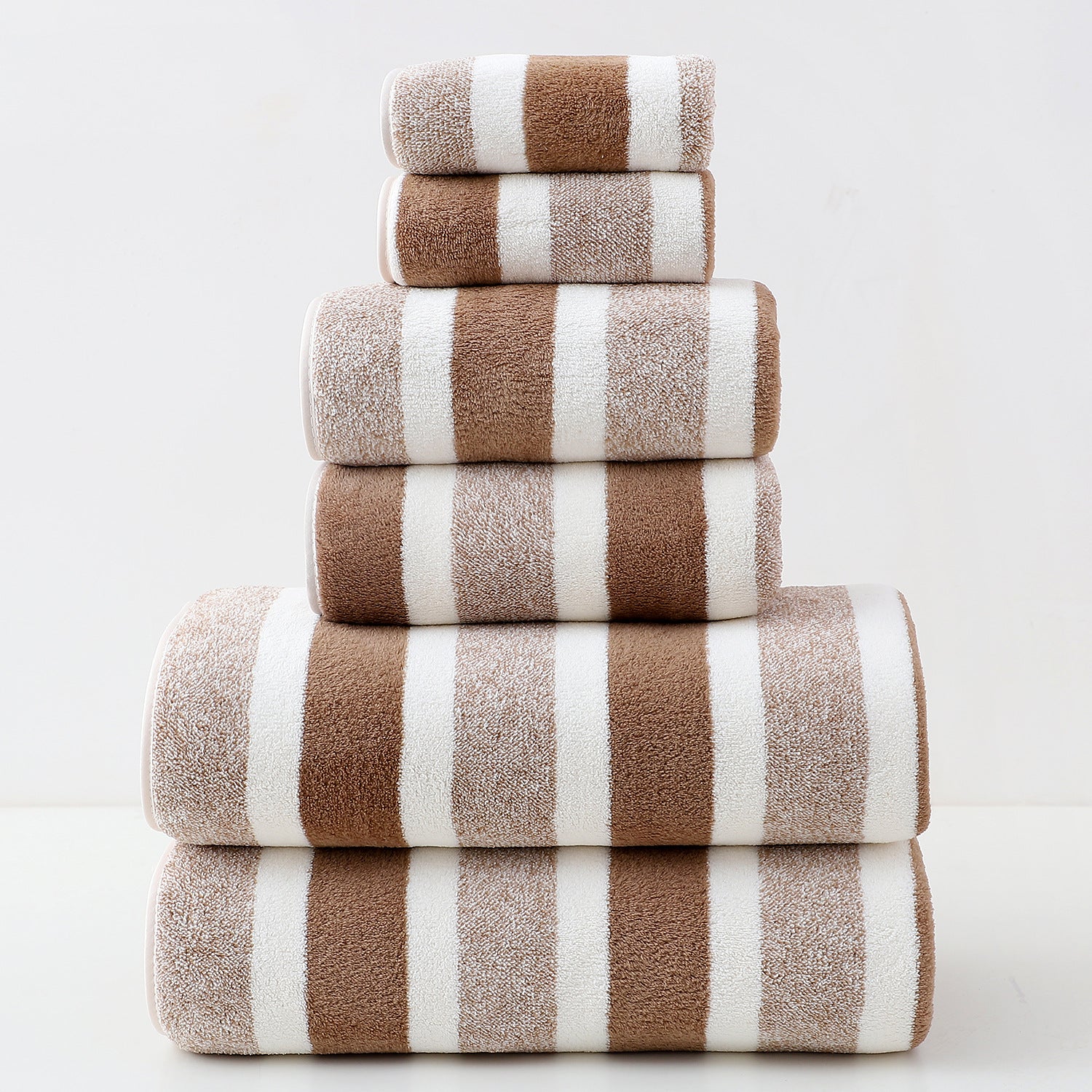 Luxury Cotton - Brown Wide Stripe Towel Set - 6 Piece Set (2 Hand Towels, 2 Bath Towels, 2 Washcloths), Ultra Soft and Absorbent - STripleB