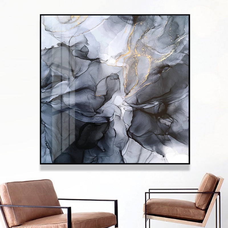 Marbled Black Grey Black Frame Canvas - 100cm x 100cm - STripleB