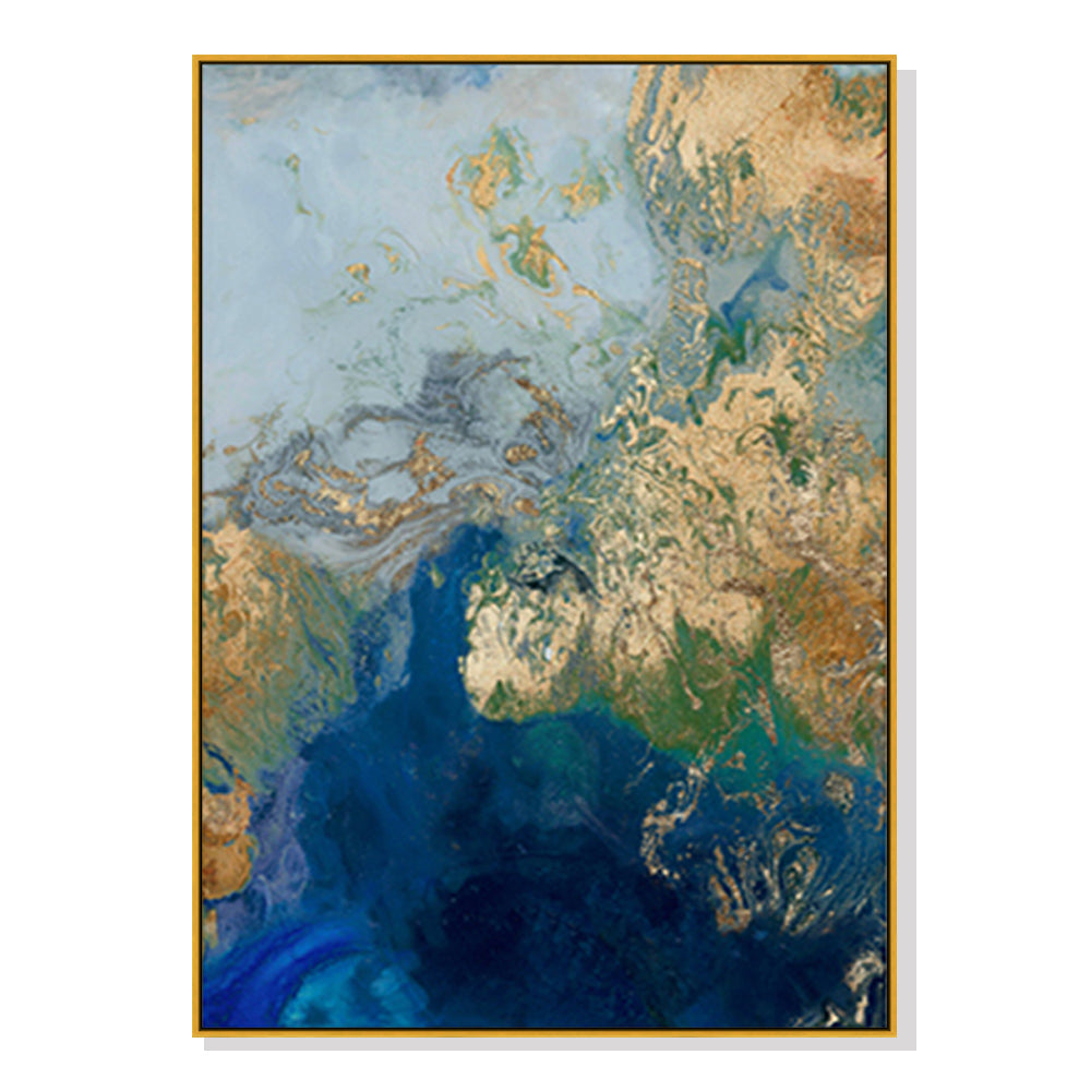 Marbled Blue Gold Artwork Gold Frame Canvas - 80cmx120cm - STripleB