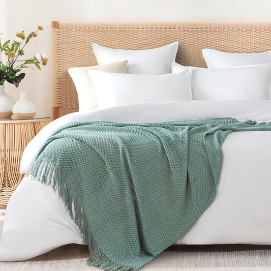 Micro Plush Knitted Woven Throw Blanket - Seafoam - STripleB