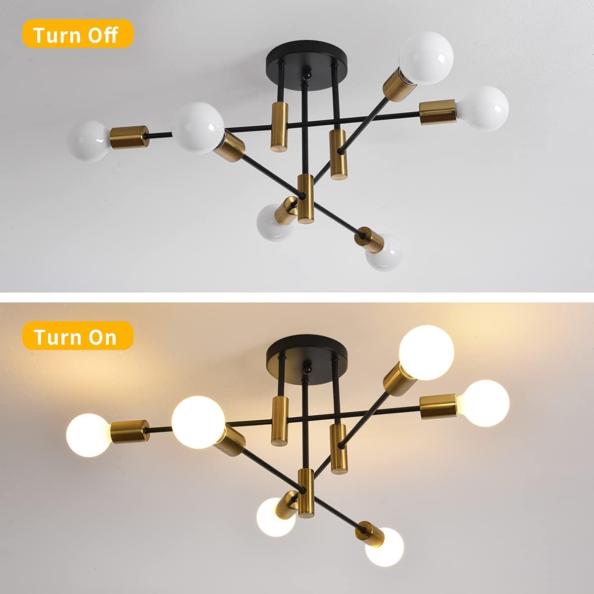 Mid Century Chandelier Modern, 6-Light , Black & Gold - STripleB 