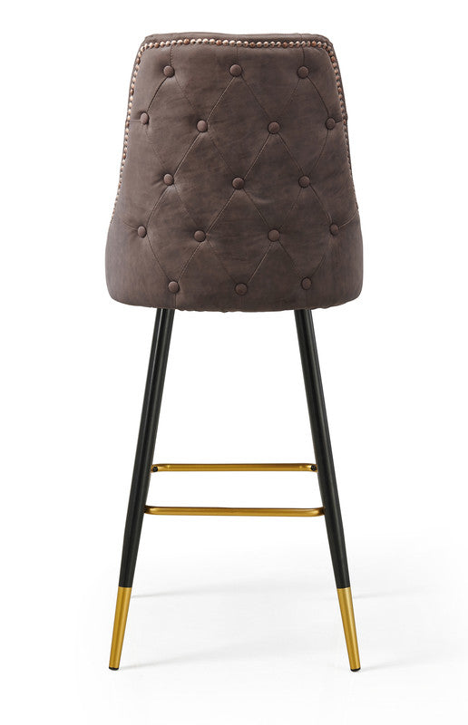 Modern Bar Chair Leather Stool Counter Brown Mid-Century Wood x 2 - STripleB 